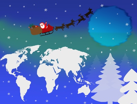 Christmas in Sleigh with Reindeer over Earth Globe illustrationのイラスト素材