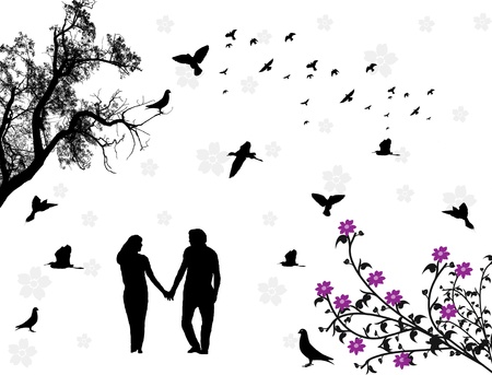 Couple in a park with flowers and birds. Vector illustrationのイラスト素材