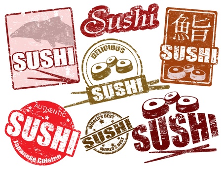 Set of grunge rubber stamps  with  the word sushi written inside, vector illustrationのイラスト素材