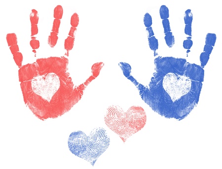 Male and female handprint with a heart. Love handprint concept, vector illustrationのイラスト素材