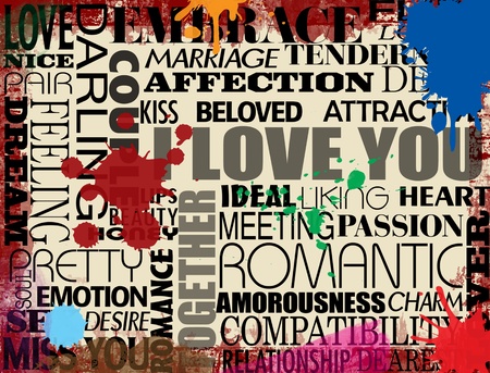 Collage with various love words on grunge background, vector illustrationのイラスト素材