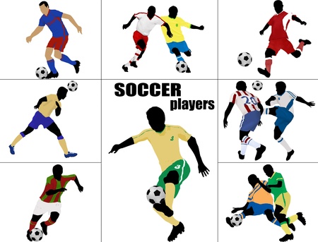 Collection of soccer players in different positions, vector illustrationのイラスト素材
