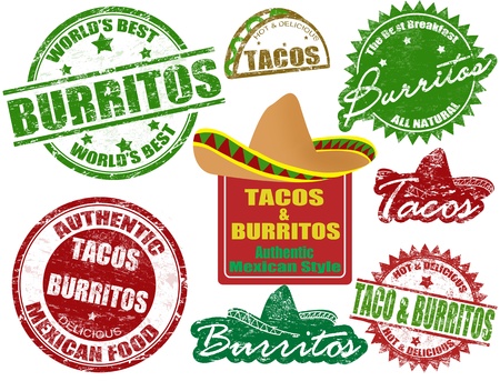 Set of grunge rubber stamps  with  the words tacos and burritos written inside, vector illustrationのイラスト素材