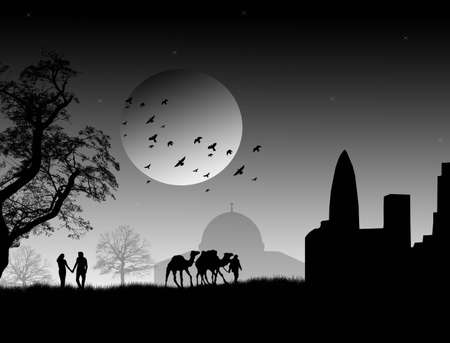 Silhouette of enamoured couple on arabian night and mosque, vector illustrationのイラスト素材