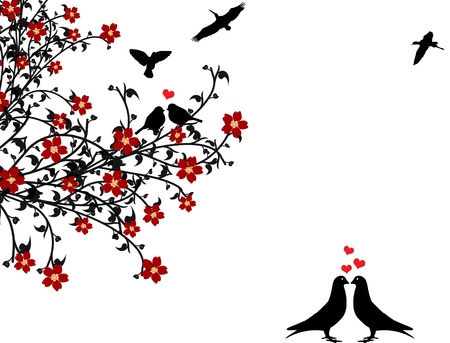 Birds in love sitting on a flowering tree on  white background, vector illustrationのイラスト素材