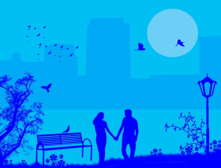 Couple in a city park on blue, vector illustrationのイラスト素材
