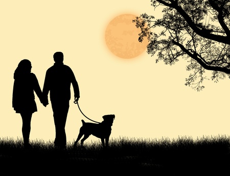 Silhouette of a couple walking their dog on sunset, vector illustrationのイラスト素材
