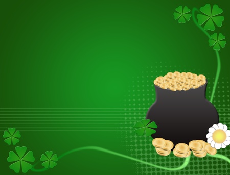 Abstract green background with golden coins pot, four leaf clovers and flowerのイラスト素材