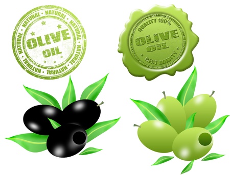 Black and green olives with grunge rubber stamp and sealing wax with text olive oil written insideのイラスト素材