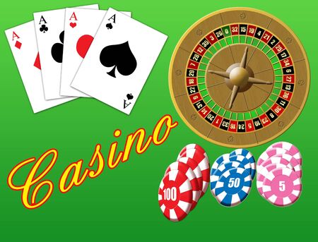 Vector illustration on a casino theme with playing cards, roulette and  chips のイラスト素材