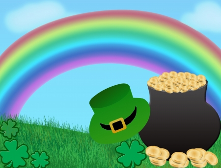 St. Patrick's day background with magic pot full of golden coins and green hat,vector illustrationのイラスト素材