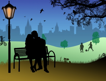 Embraced lovers  in a city park. のイラスト素材