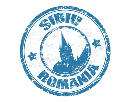 Grunge rubber stamp with the building of tower gothic lutheran church shape and the text sibiu romania written inside the stampのイラスト素材