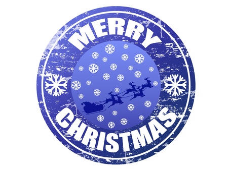 Blue grunge rubber stamp with Flying Santa, snowflakes and the text Merry Christmas written inside the stampのイラスト素材