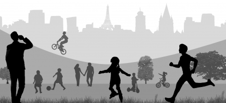 Background illustration with people in the park on black and whiteのイラスト素材