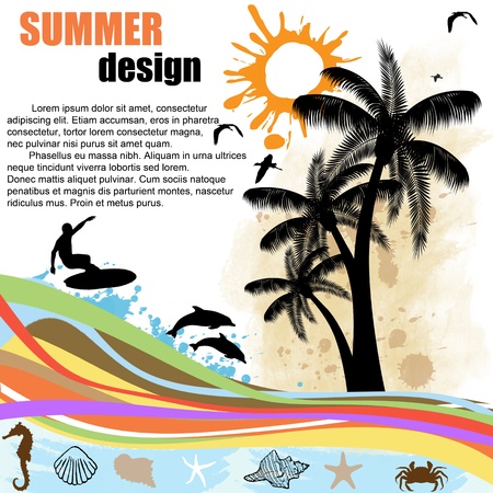 Grunge  summer design  background with palm trees,surfer and dolphinsのイラスト素材