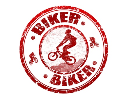 Red grunge rubber stamp with biker silhouette and the text biker written inside the stampのイラスト素材