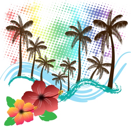 Grunge tropical background withhibiscus flowers and place for your text, vector illustrationのイラスト素材