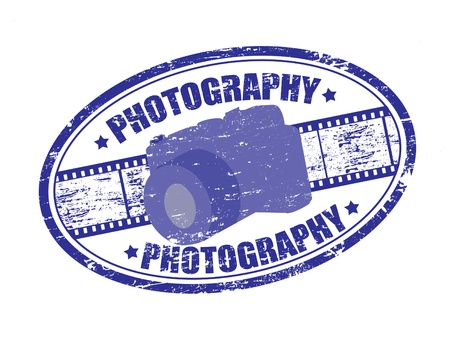 Blue grunge rubber stamp with filmstrip, camera and the word photography written inside the stampのイラスト素材