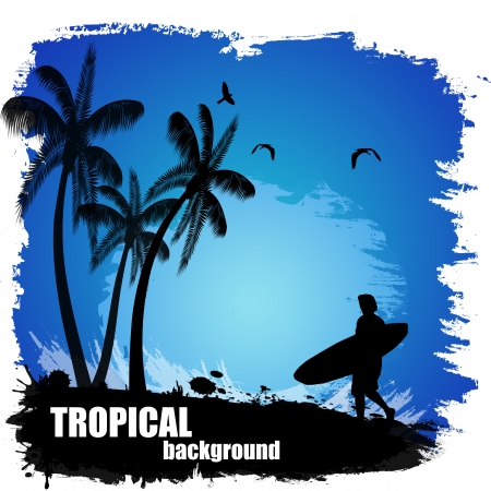 Beautiful tropical background on blue, vector illustrationのイラスト素材