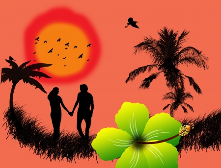 Lovers in a tropical landscape with palms, sun and hibiscus flower, vector illustrationのイラスト素材