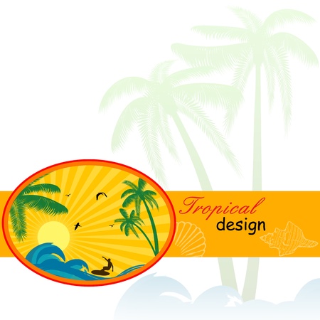 Surfing label with place for your text, on tropical background, vector illustrationのイラスト素材