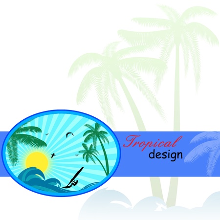 Surfing label with place for your text, on tropical background, vector illustrationのイラスト素材