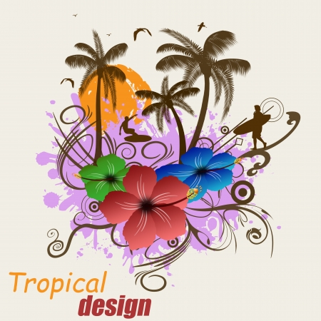 Tropical poster design with surfers and palmsのイラスト素材