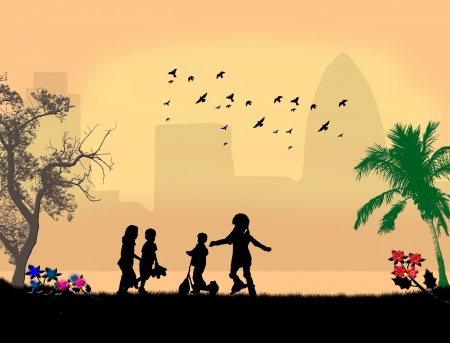 Children playing in a city parkのイラスト素材