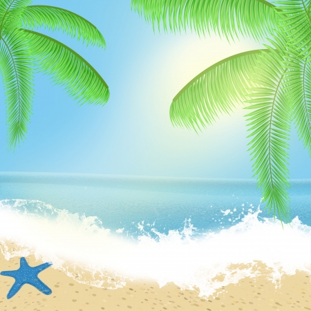 Sea beach for summer design with sea, plams and starfish, vector illustrationのイラスト素材