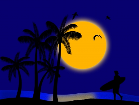 Sunset on blue tropical paradise with palm's and surfer silhouetteのイラスト素材