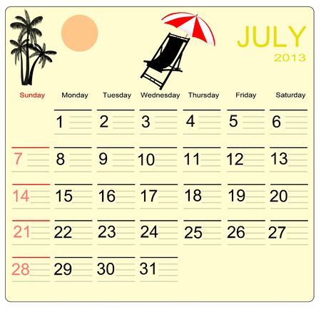  July 2013 calendar, vector illustrationのイラスト素材