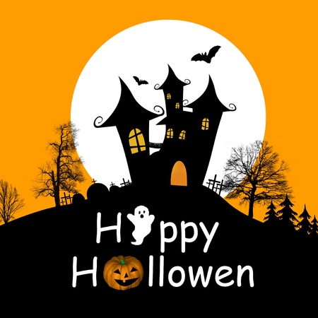 Halloween background with haunted house, bats and full moon illustrationのイラスト素材