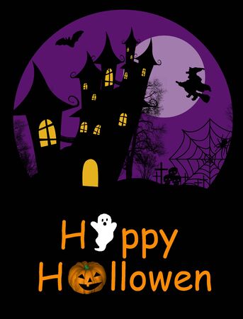 Halloween background with haunted house, bats and full moonのイラスト素材