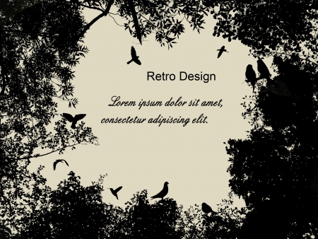 Birds in the tree and flying on retro style backgroundのイラスト素材