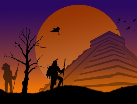 Ancient mayan warriors at  Chichen Itza at sunset, vector illustrationのイラスト素材