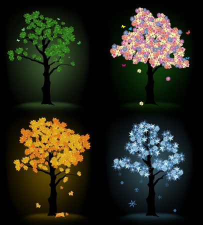 Art tree for your design. Four seasons - spring, summer, autumn, winter on black backgroundのイラスト素材