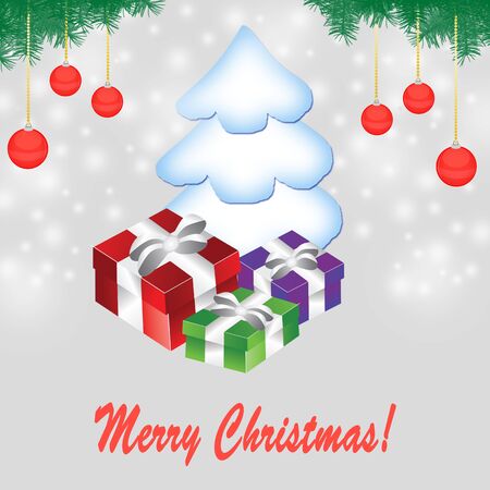 Christmas background whit gift boxes, christmas tree and ballsのイラスト素材