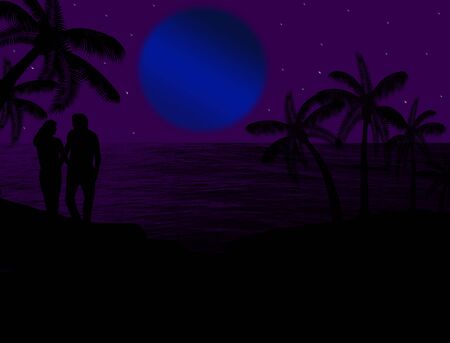 Couple in a tropical seascape on beautiful blue night, background illustrationのイラスト素材