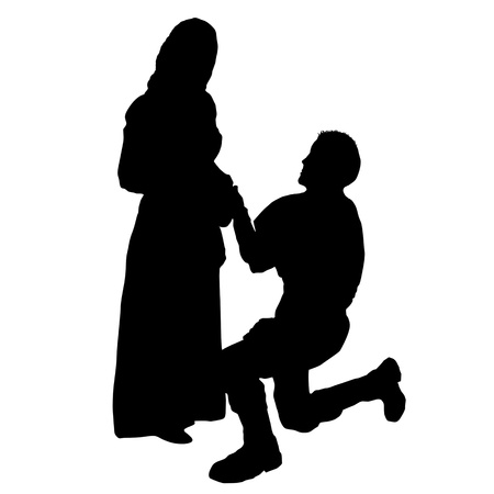 A man on his knees, makes a proposal to marry the girl , black silhouette on white background, vector illustrationのイラスト素材