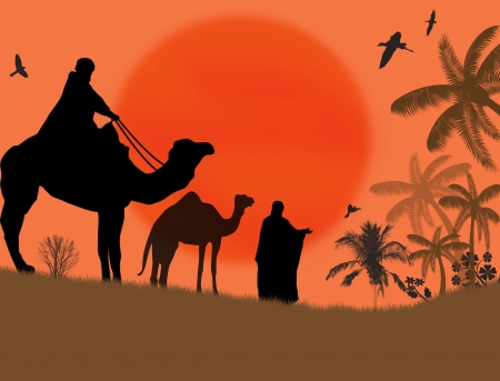 Bedouin camel caravan in wild africa landscape, vector illustrationのイラスト素材