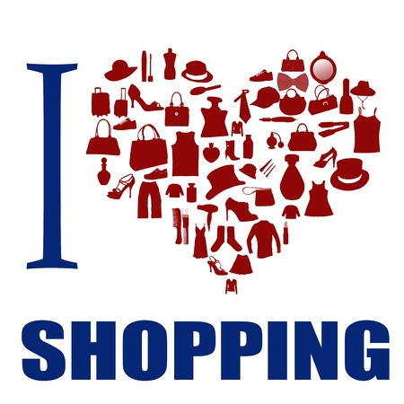 I love shopping background. The heart is made from different  fashion items, vector illustrationのイラスト素材