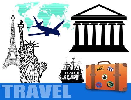 Abstract colorful background with the world map, the Statue of Liberty, the Eiffel Tower, the Parthenon,a plane, a ship and a suitcase Traveling conceptのイラスト素材