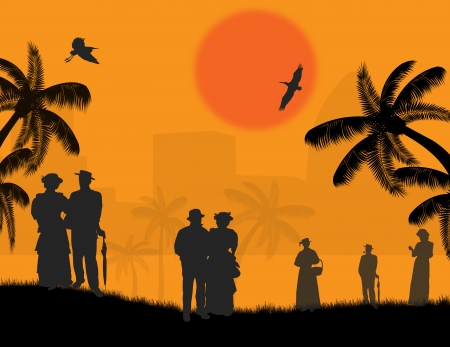 Vector design background with beautiful landscape and people silhouette at sunsetのイラスト素材