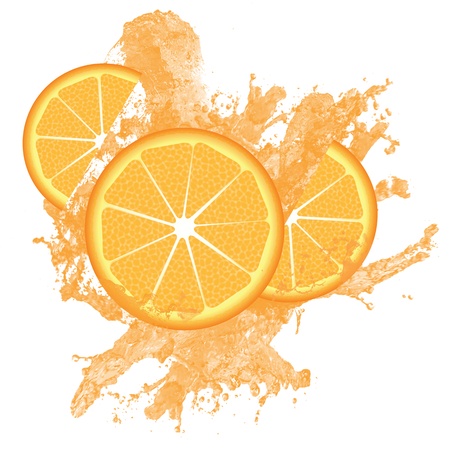 Orange slices and juice splashing isolated on white, vector illustrationのイラスト素材