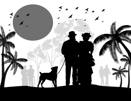 Silhouette of a vintage couple walking their dog on beautiful landscape, vector illustrationのイラスト素材