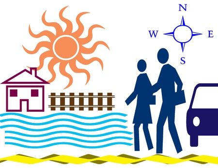  house with a car and family silhouette and water, on white backgroundのイラスト素材