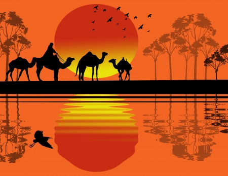 Bedouin camel caravan in wild africa landscape near water on sunsetのイラスト素材