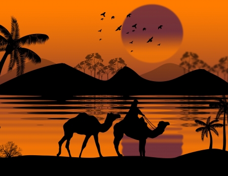 Bedouin camel caravan in wild africa landscape background illustrationのイラスト素材