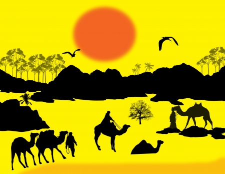 Camels caravan in Sahara on yellow sunset background, illustrationのイラスト素材